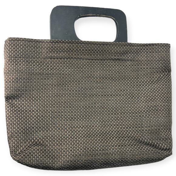 Chilewich Woven Large Sized Hand Bag Purse Beach Wooden Handle Asymmetrical Mod - Picture 1 of 6
